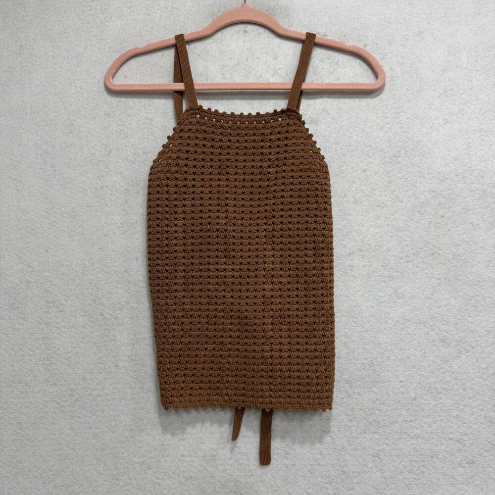 Maronie Shirt Womens Medium Brown Knit Crochet Lace Up Tank Top Cami Summer - Picture 1 of 8